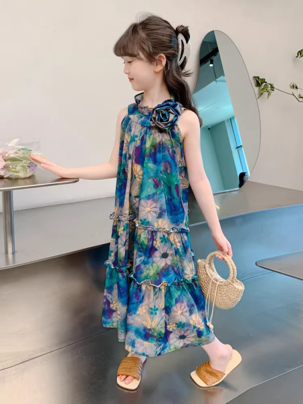 Rochie pentru fetițe fără mâneci, guler halter, stil prințesă, vară, 3-8 ani
