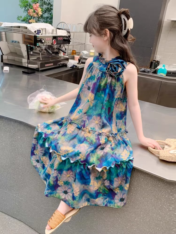Rochie pentru fetițe fără mâneci, guler halter, stil prințesă, vară, 3-8 ani
