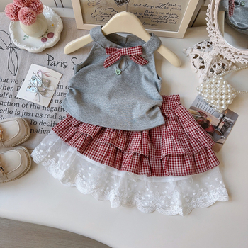 Set cu două piese pentru fetițe — Top drăguț cu guler halter și rochie în carouri, stil cake AXC026