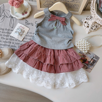 Set cu două piese pentru fetițe — Top drăguț cu guler halter și rochie în carouri, stil cake AXC026