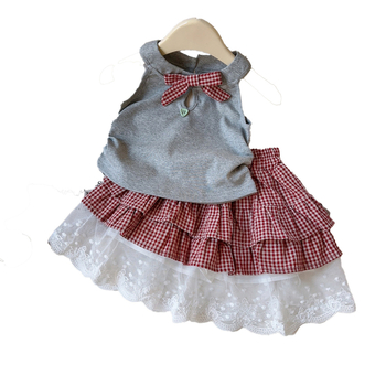 Set cu două piese pentru fetițe — Top drăguț cu guler halter și rochie în carouri, stil cake AXC026