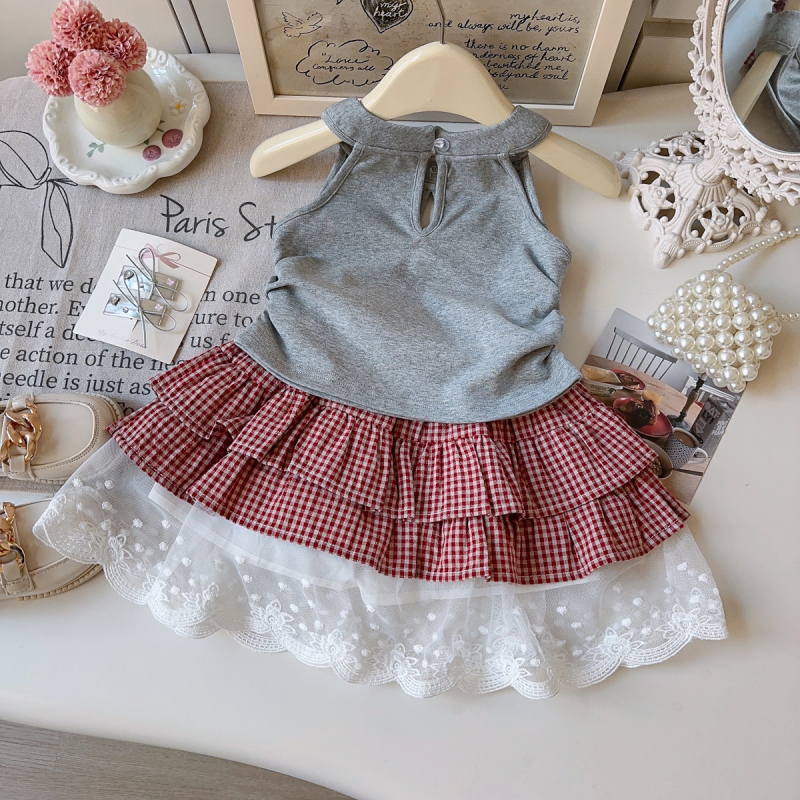 Set cu două piese pentru fetițe — Top drăguț cu guler halter și rochie în carouri, stil cake AXC026