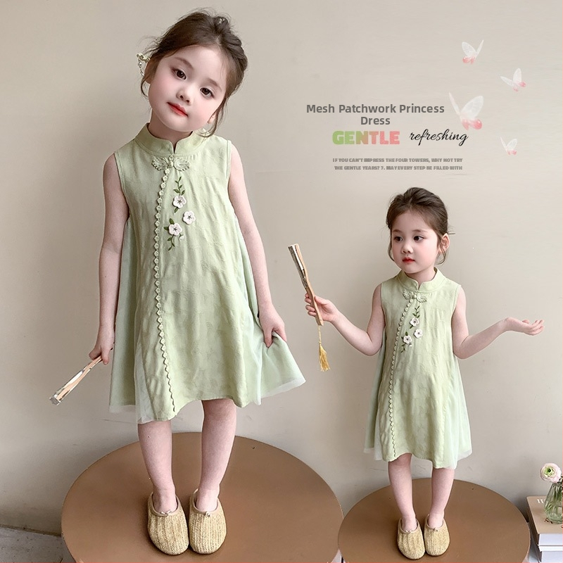 Rochie de vară pentru fetițe cu imprimeu floral, fără mâneci, croială în A, stil chinezesc, 2026