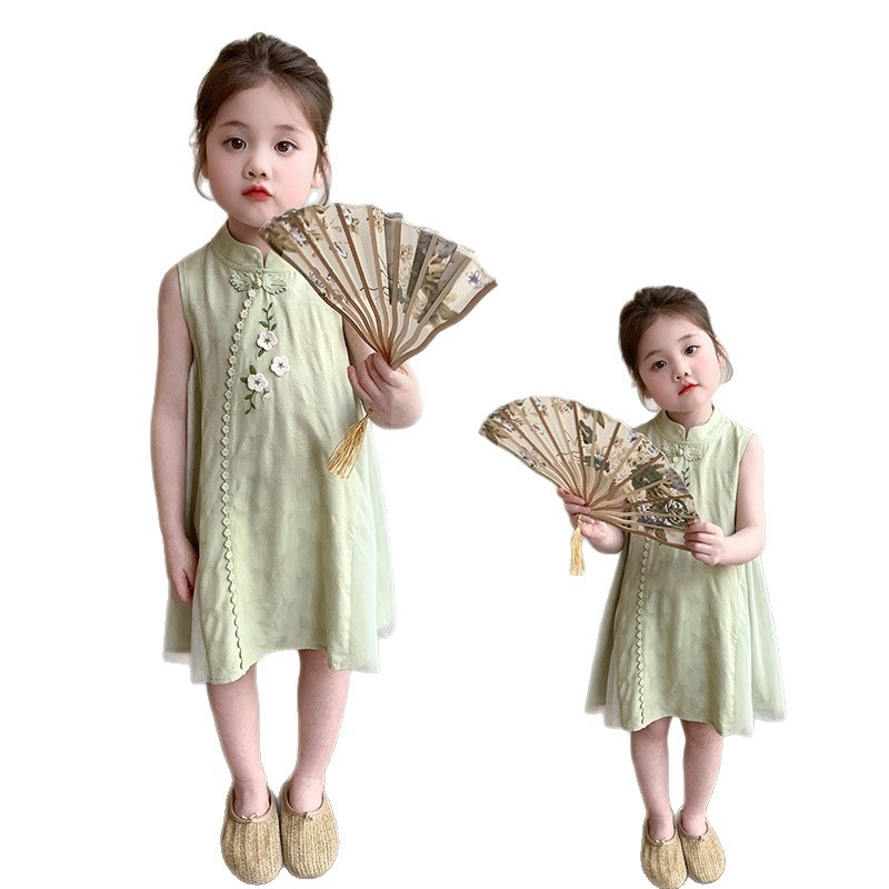 Rochie de vară pentru fetițe cu imprimeu floral, fără mâneci, croială în A, stil chinezesc, 2026