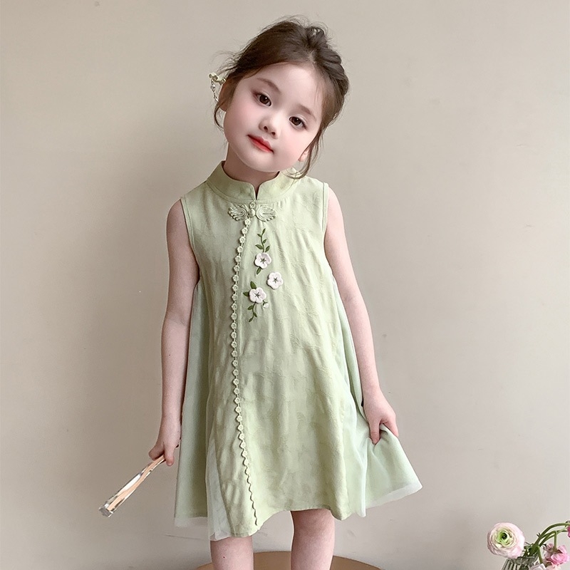 Rochie de vară pentru fetițe cu imprimeu floral, fără mâneci, croială în A, stil chinezesc, 2026