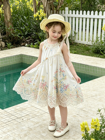 Xie Jinmao Rochie florală pentru fetițe, stil vacanță, vară 2026, broderie și dantelă, bretele, rochie prințesă