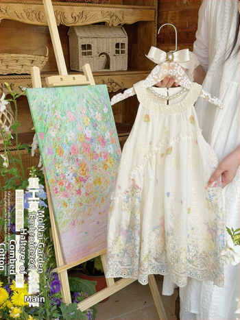 Xie Jinmao Rochie florală pentru fetițe, stil vacanță, vară 2026, broderie și dantelă, bretele, rochie prințesă