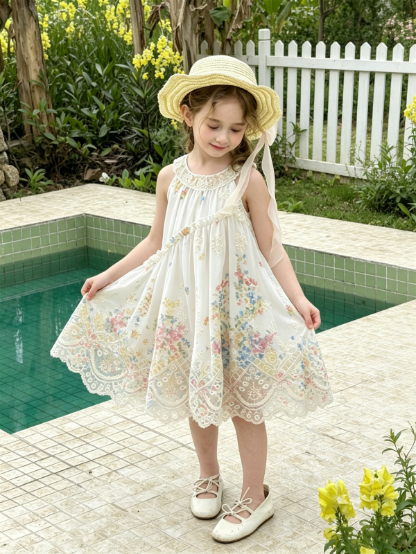 Xie Jinmao Rochie florală pentru fetițe, stil vacanță, vară 2026, broderie și dantelă, bretele, rochie prințesă