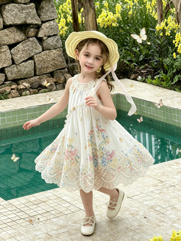 Xie Jinmao Rochie florală pentru fetițe, stil vacanță, vară 2026, broderie și dantelă, bretele, rochie prințesă