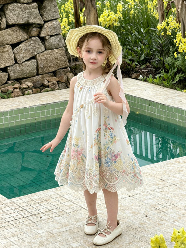 Xie Jinmao Rochie florală pentru fetițe, stil vacanță, vară 2026, broderie și dantelă, bretele, rochie prințesă