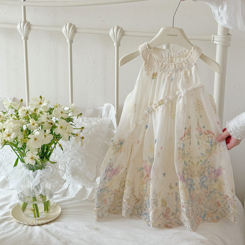 Xie Jinmao Rochie florală pentru fetițe, stil vacanță, vară 2026, broderie și dantelă, bretele, rochie prințesă