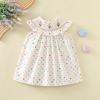 Rochie de vară pentru fetițe cu volane, broderie cu înghețată și imprimare inimă, din bumbac, pentru copii 3–8 ani