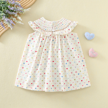 Rochie de vară pentru fetițe cu volane, broderie cu înghețată și imprimare inimă, din bumbac, pentru copii 3–8 ani