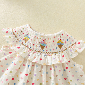 Rochie de vară pentru fetițe cu volane, broderie cu înghețată și imprimare inimă, din bumbac, pentru copii 3–8 ani