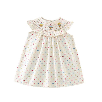 Rochie de vară pentru fetițe cu volane, broderie cu înghețată și imprimare inimă, din bumbac, pentru copii 3–8 ani