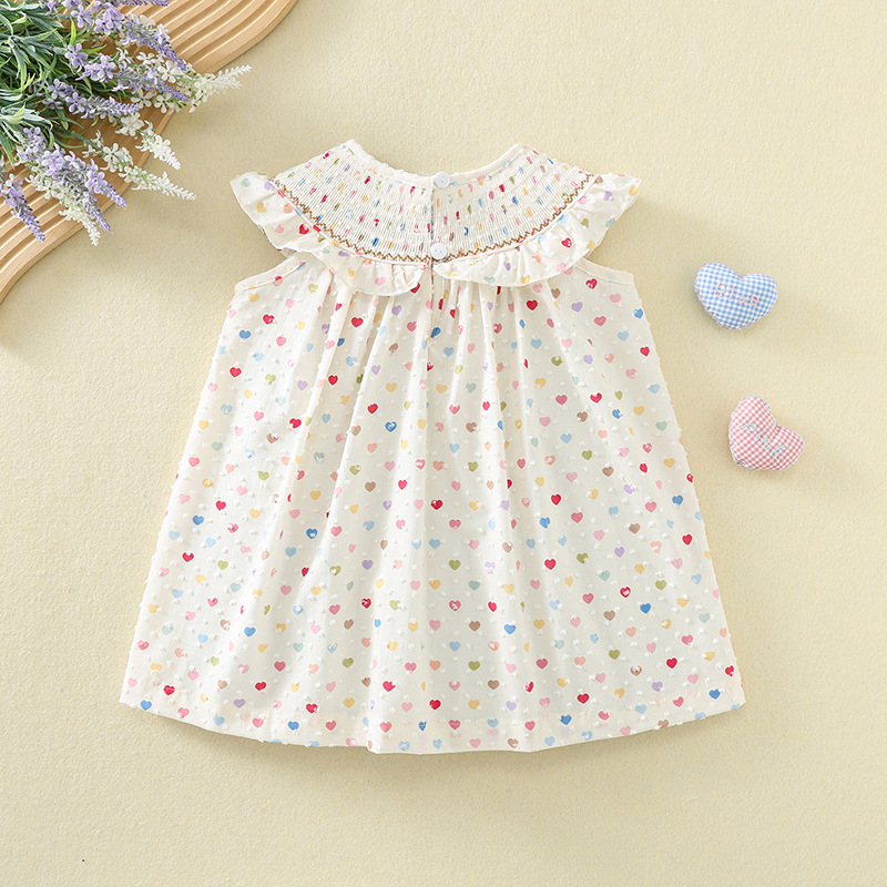 Rochie de vară pentru fetițe cu volane, broderie cu înghețată și imprimare inimă, din bumbac, pentru copii 3–8 ani