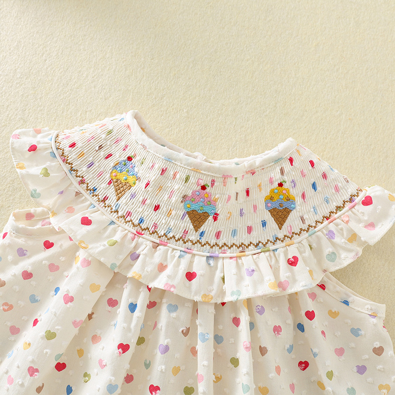 Rochie de vară pentru fetițe cu volane, broderie cu înghețată și imprimare inimă, din bumbac, pentru copii 3–8 ani
