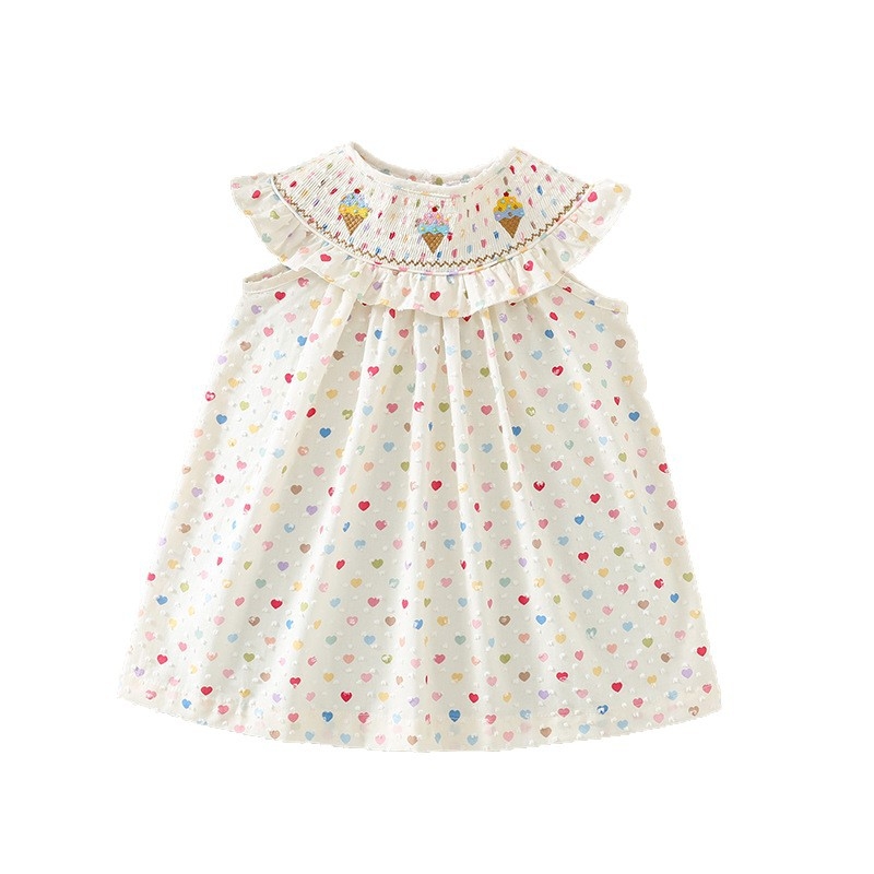 Rochie de vară pentru fetițe cu volane, broderie cu înghețată și imprimare inimă, din bumbac, pentru copii 3–8 ani