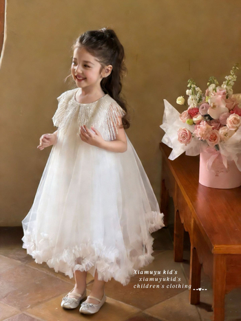 Rochie albă de prințesă din plasă pentru fete, guler decorativ cu ciucuri și accente florale, rochie din tul pufoasă pentru ziua de naștere a copiilor