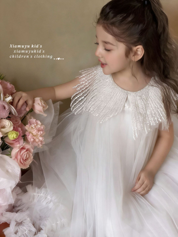 Rochie albă de prințesă din plasă pentru fete, guler decorativ cu ciucuri și accente florale, rochie din tul pufoasă pentru ziua de naștere a copiilor