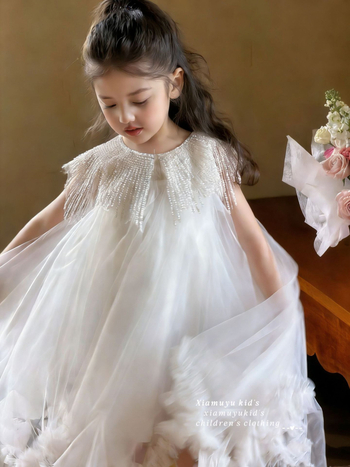 Rochie albă de prințesă din plasă pentru fete, guler decorativ cu ciucuri și accente florale, rochie din tul pufoasă pentru ziua de naștere a copiilor