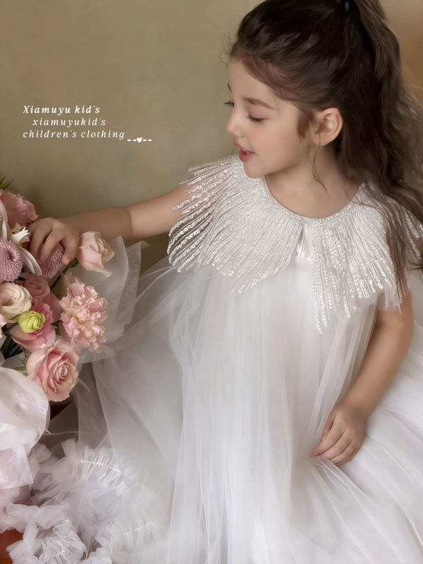 Rochie albă de prințesă din plasă pentru fete, guler decorativ cu ciucuri și accente florale, rochie din tul pufoasă pentru ziua de naștere a copiilor