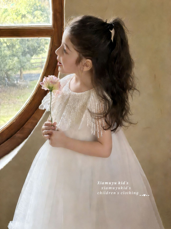 Rochie albă de prințesă din plasă pentru fete, guler decorativ cu ciucuri și accente florale, rochie din tul pufoasă pentru ziua de naștere a copiilor
