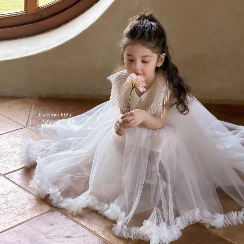 Rochie albă de prințesă din plasă pentru fete, guler decorativ cu ciucuri și accente florale, rochie din tul pufoasă pentru ziua de naștere a copiilor