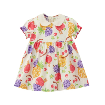 Rochie de vară pentru fete cu guler de păpușă și imprimeu ursuleț-fructe – rochie de prințesă