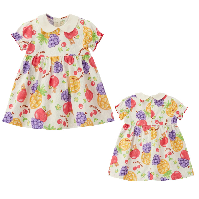 Rochie de vară pentru fete cu guler de păpușă și imprimeu ursuleț-fructe – rochie de prințesă