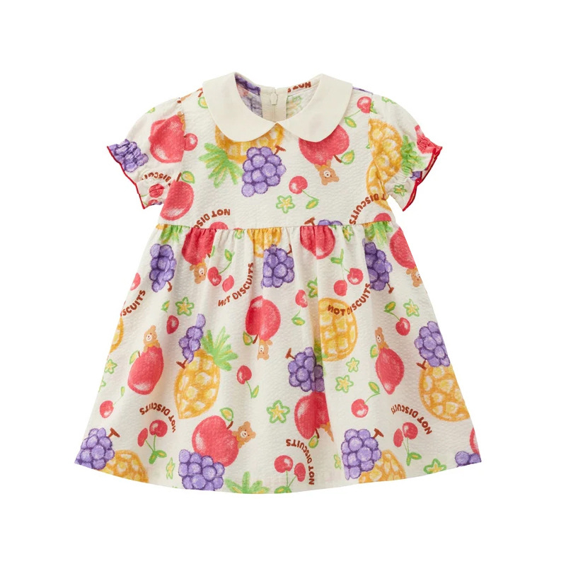 Rochie de vară pentru fete cu guler de păpușă și imprimeu ursuleț-fructe – rochie de prințesă