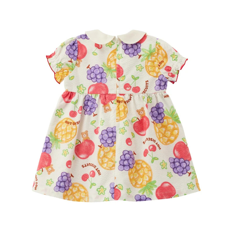 Rochie de vară pentru fete cu guler de păpușă și imprimeu ursuleț-fructe – rochie de prințesă