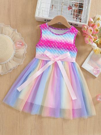 Rochie de vară fără mâneci pentru fete, cu design floral din mărgele și plasă colorată