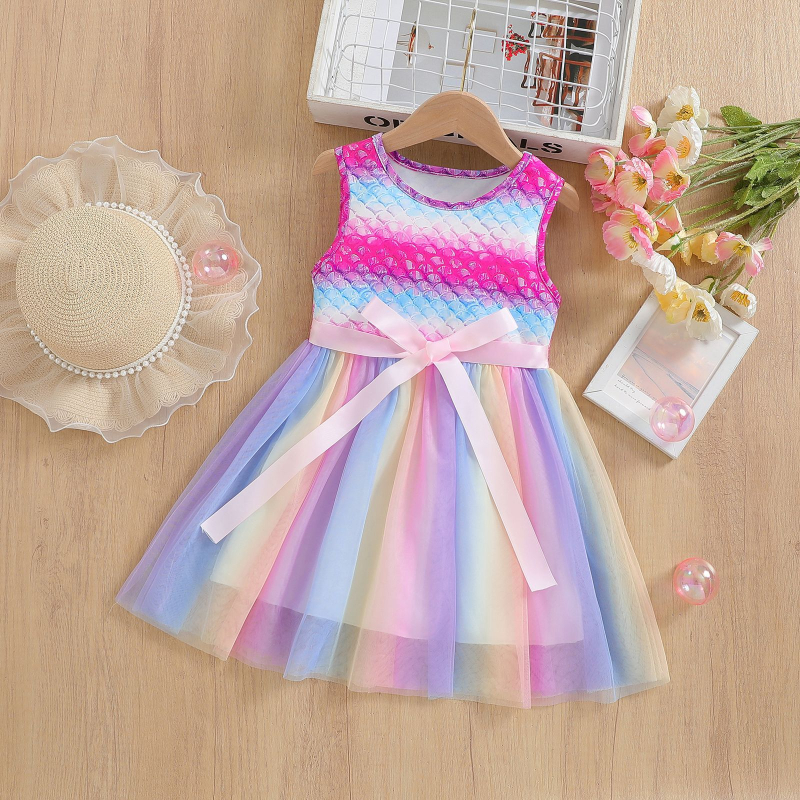 Rochie de vară fără mâneci pentru fete, cu design floral din mărgele și plasă colorată