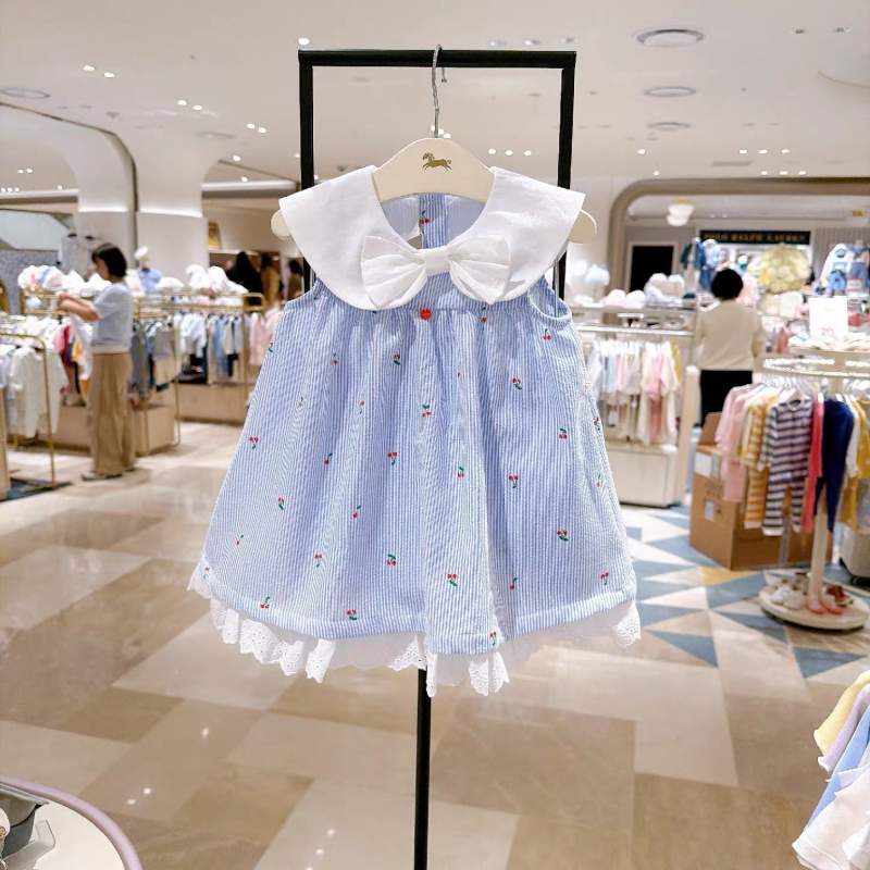 Little Pegasus Rochie fără mânece cu guler mare, dungi verticale culoare cireș, 96% bumbac, mărimea 26