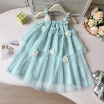 Rochie cu bretele pentru fetițe, stil dulce de vară, verde mentă, flori 3D din plasă AXC126