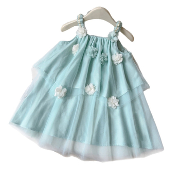 Rochie cu bretele pentru fetițe, stil dulce de vară, verde mentă, flori 3D din plasă AXC126