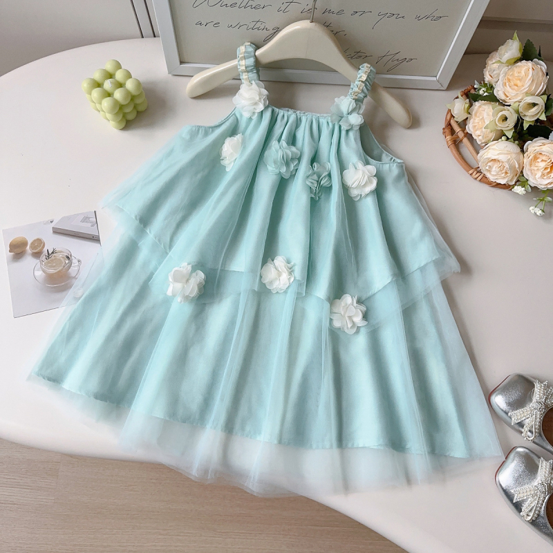 Rochie cu bretele pentru fetițe, stil dulce de vară, verde mentă, flori 3D din plasă AXC126
