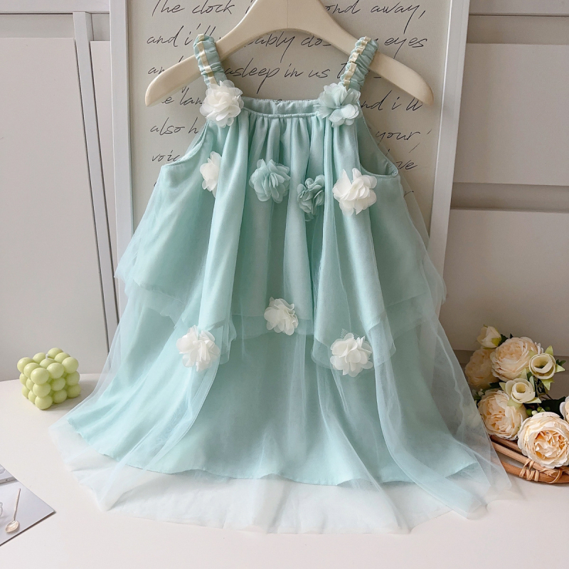 Rochie cu bretele pentru fetițe, stil dulce de vară, verde mentă, flori 3D din plasă AXC126