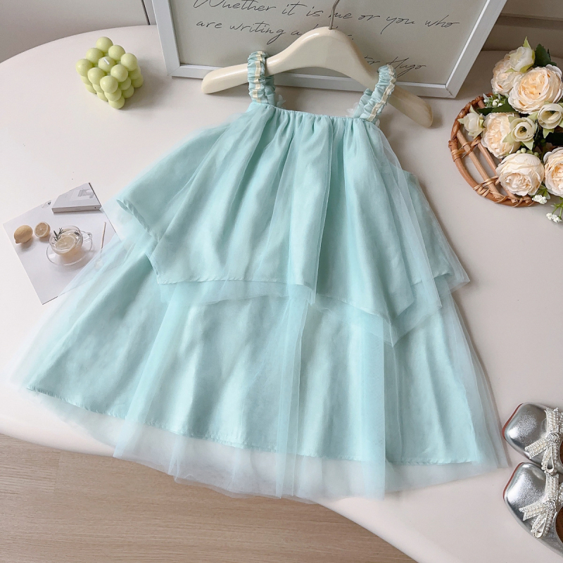 Rochie cu bretele pentru fetițe, stil dulce de vară, verde mentă, flori 3D din plasă AXC126