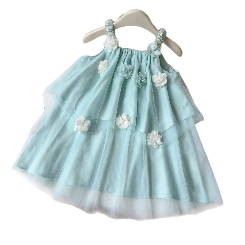 Rochie cu bretele pentru fetițe, stil dulce de vară, verde mentă, flori 3D din plasă AXC126