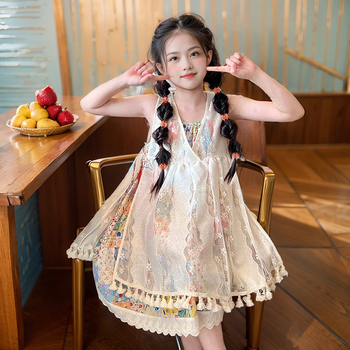 Set de două piese pentru fetițe, stil boho, top fără mâneci și rochie imprimată