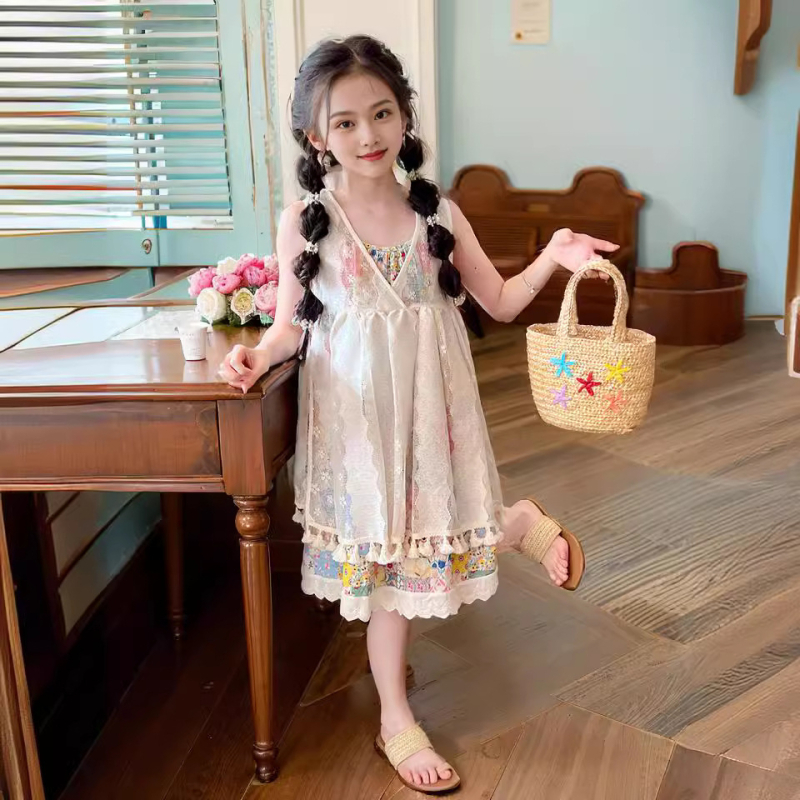 Set de două piese pentru fetițe, stil boho, top fără mâneci și rochie imprimată