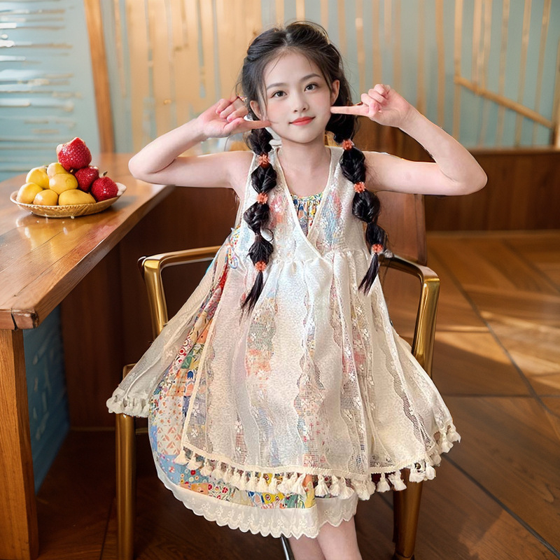 Set de două piese pentru fetițe, stil boho, top fără mâneci și rochie imprimată