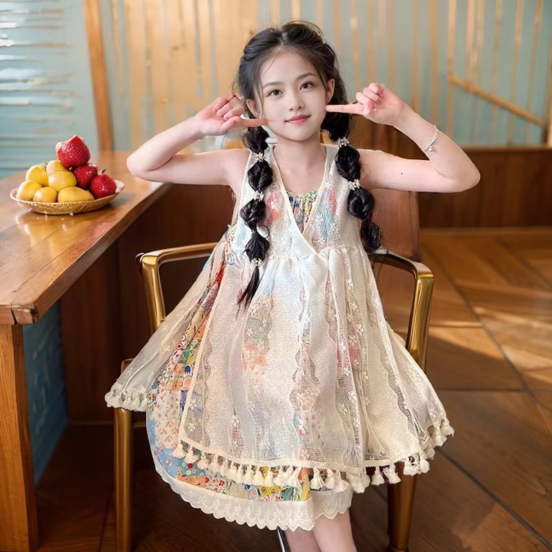 Set de două piese pentru fetițe, stil boho, top fără mâneci și rochie imprimată