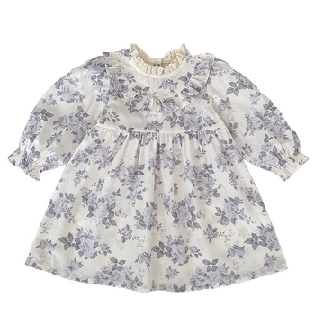 Rochie pentru fetițe, imprimeu floral, mâneci lungi, guler cu volane, stil prințesă pentru primăvară, modă coreeană