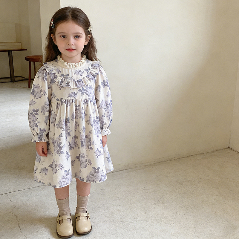 Rochie pentru fetițe, imprimeu floral, mâneci lungi, guler cu volane, stil prințesă pentru primăvară, modă coreeană