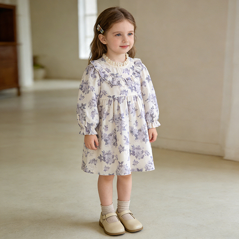 Rochie pentru fetițe, imprimeu floral, mâneci lungi, guler cu volane, stil prințesă pentru primăvară, modă coreeană