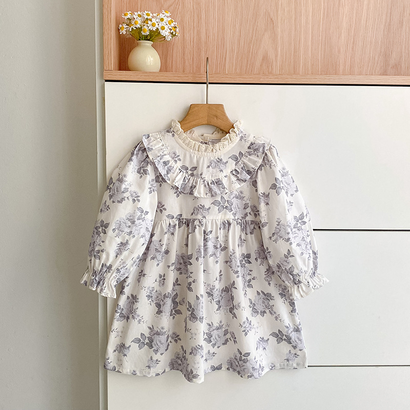 Rochie pentru fetițe, imprimeu floral, mâneci lungi, guler cu volane, stil prințesă pentru primăvară, modă coreeană