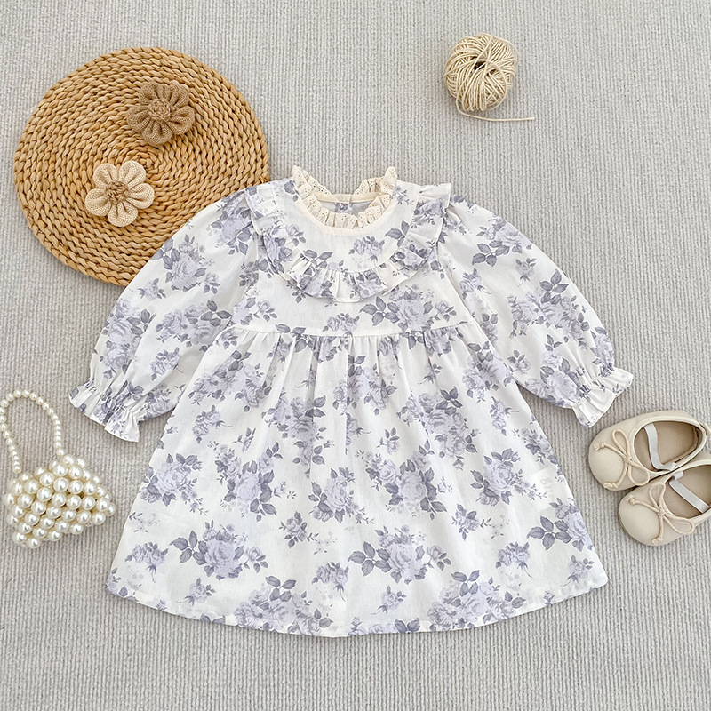 Rochie pentru fetițe, imprimeu floral, mâneci lungi, guler cu volane, stil prințesă pentru primăvară, modă coreeană